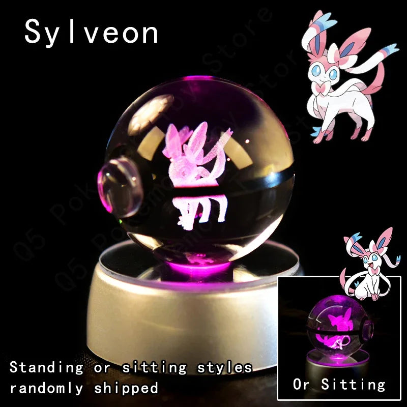 Pokemon 3D Crystal Ball Pokeballs with LED Light Base, Kids Anime Toy Gifts