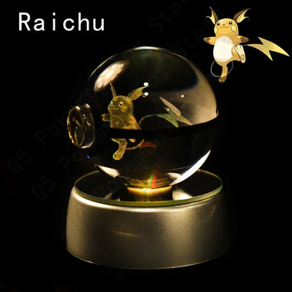 Pokemon 3D Crystal Ball Pokeballs with LED Light Base, Kids Anime Toy Gifts