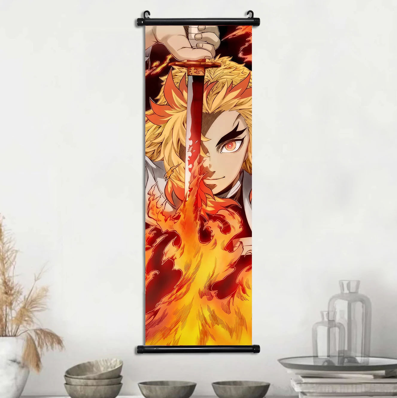 Demon Slayer Scroll Wall Art, Hashira Nezuko Agatsuma Zenitsu Inosuke Scroll Canvas Wall Hanging Painting Home Decor Anime Poster for Bedrooms