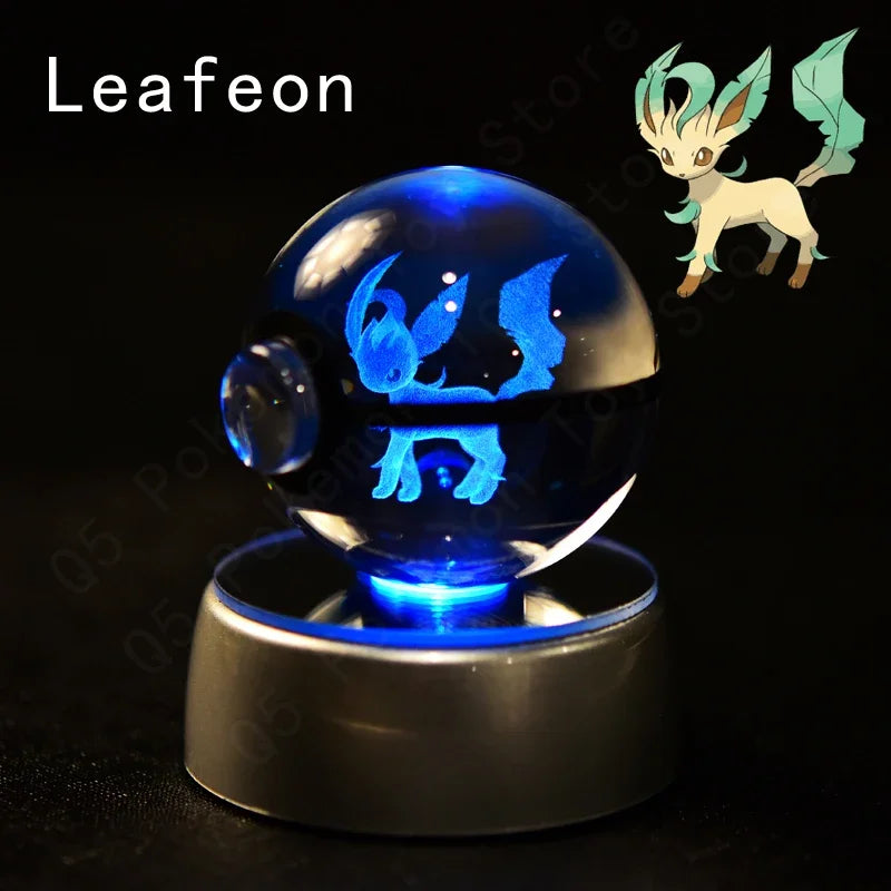 Pokemon 3D Crystal Ball Pokeballs with LED Light Base, Kids Anime Toy Gifts