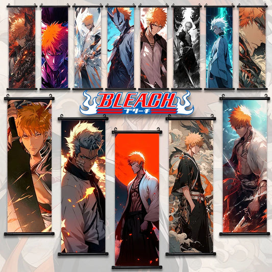 Bleach Anime Scroll Wall Art Poster, Decorative Print Ichigo Kurosaki, Hitsugaya Toshiro, and Grimmjow Jaegerjaquez Canvas Home Decor