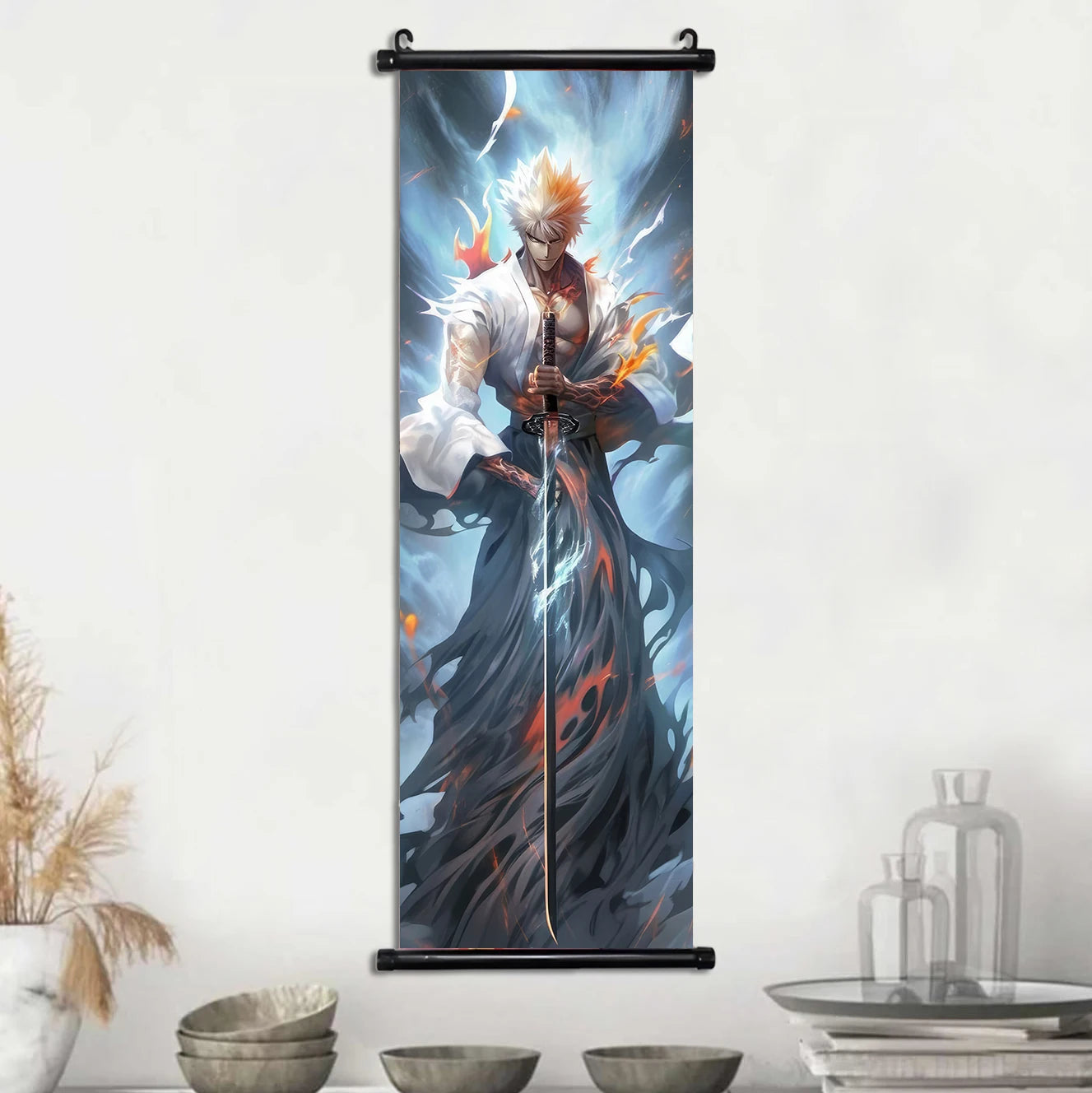 Bleach Anime Scroll Wall Art Poster, Decorative Print Ichigo Kurosaki, Hitsugaya Toshiro, and Grimmjow Jaegerjaquez Canvas Home Decor