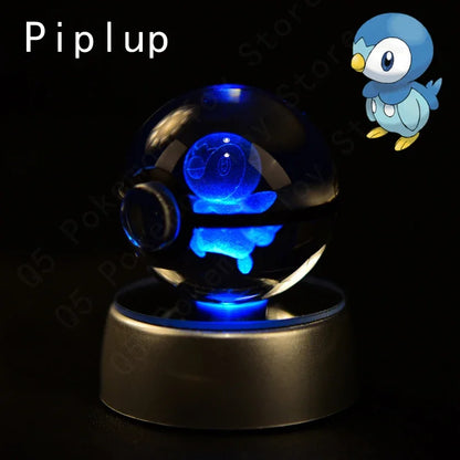 Pokemon 3D Crystal Ball Pokeballs with LED Light Base, Kids Anime Toy Gifts
