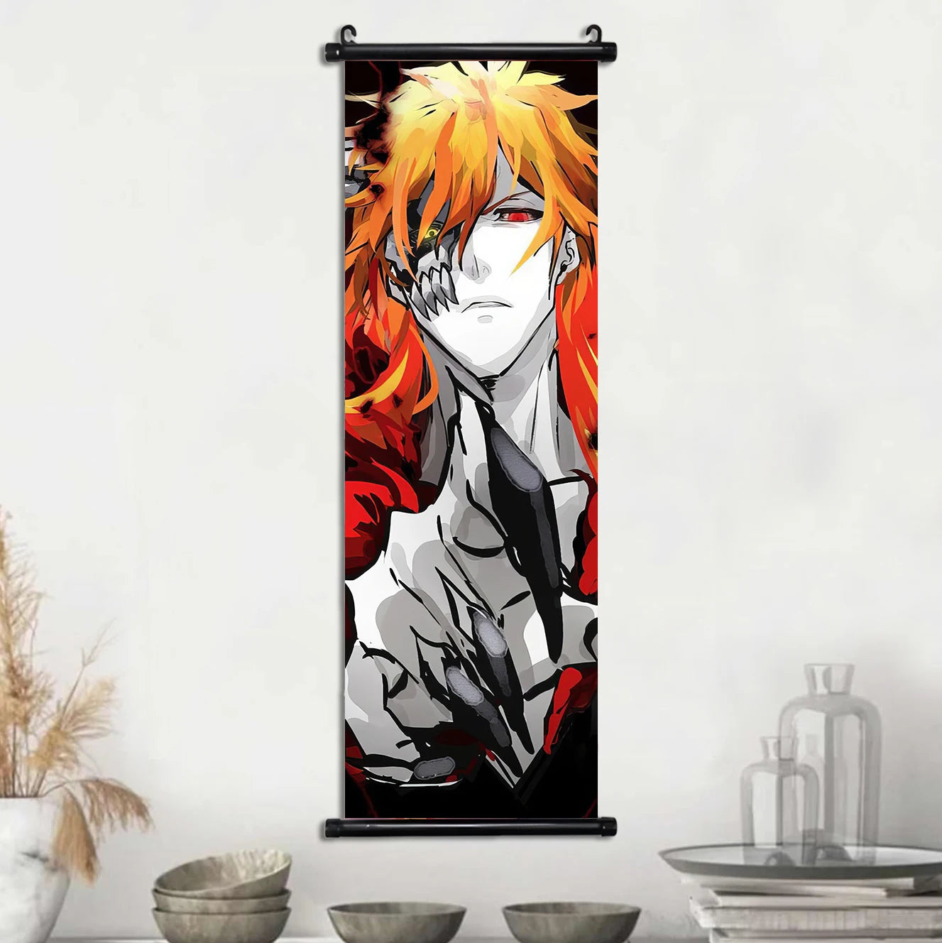 Bleach Scroll Wall Art, Hanging Prints Wall Artwork Kurosaki Ichigo Scrolls Canvas Japanese Anime Posters Home Decor for Living Room