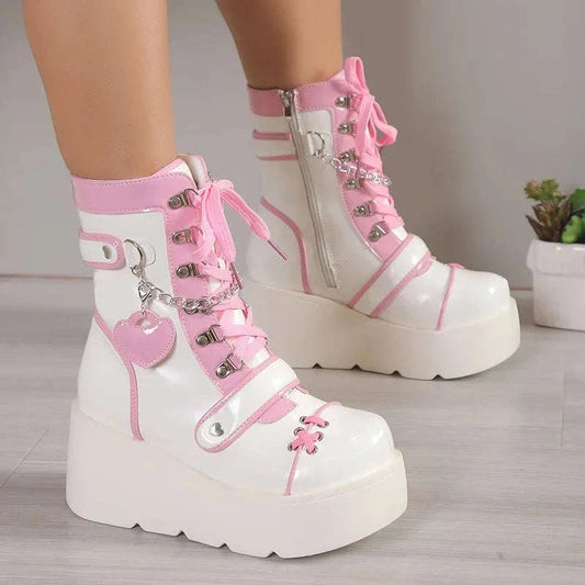 Kawaii White & Pink Platform Boots CLOUDANIMESTUDIO
