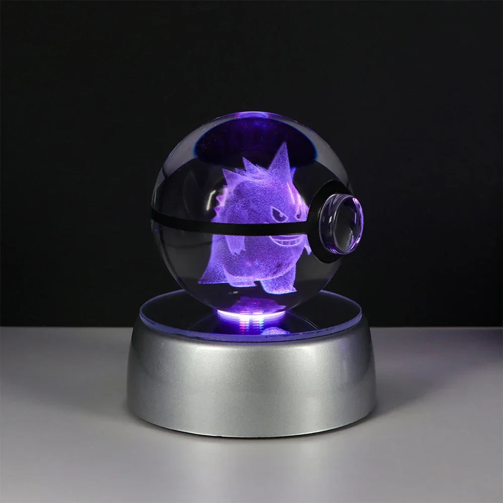 Pokemon 3D Crystal Ball Pikachu Gengar Eevee Mewtwo Anime Pokeball with Led Night Light Base