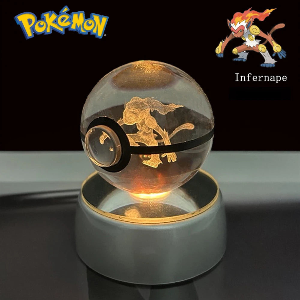 Pokemon 3D Crystal Ball Pikachu Gengar Eevee Mewtwo Anime Pokeball with Led Night Light Base