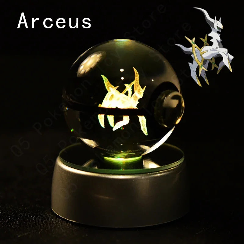 Pokemon 3D Crystal Ball Pokeballs with LED Light Base, Kids Anime Toy Gifts