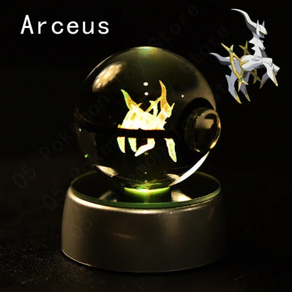 Pokemon 3D Crystal Ball Pokeballs with LED Light Base, Kids Anime Toy Gifts