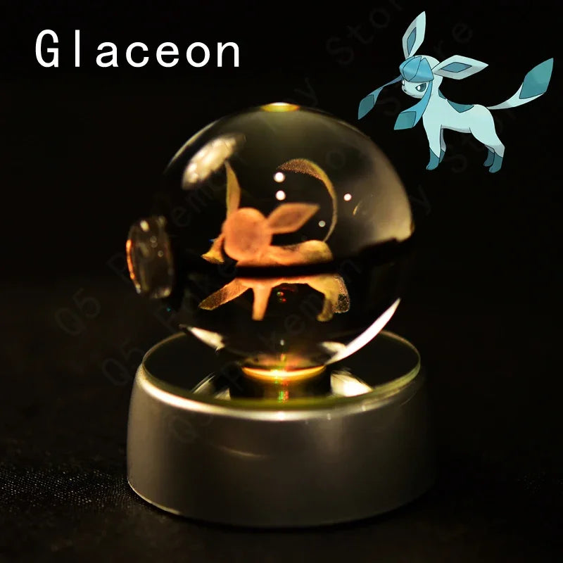 Pokemon 3D Crystal Ball Pokeballs with LED Light Base, Kids Anime Toy Gifts