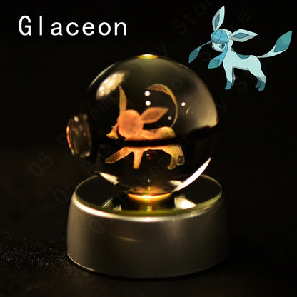 Pokemon 3D Crystal Ball Pokeballs with LED Light Base, Kids Anime Toy Gifts