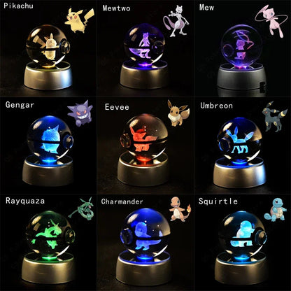 Pokemon 3D Crystal Ball Pokeballs with LED Light Base, Kids Anime Toy Gifts
