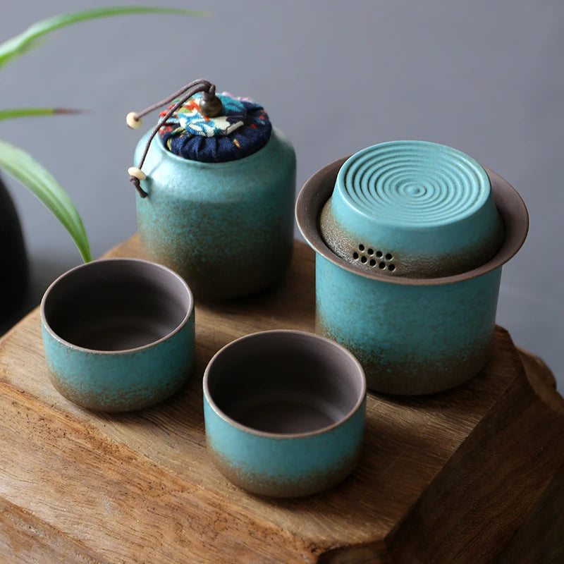 Vintage Spring Green Pottery One Kettle One Cup with Lid 4 Mini Cups Tea Caddy, Simple Small Tea Set Handwork and Craftsmanship