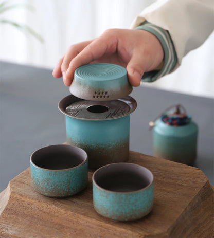 Vintage Spring Green Pottery One Kettle One Cup with Lid 4 Mini Cups Tea Caddy, Simple Small Tea Set Handwork and Craftsmanship