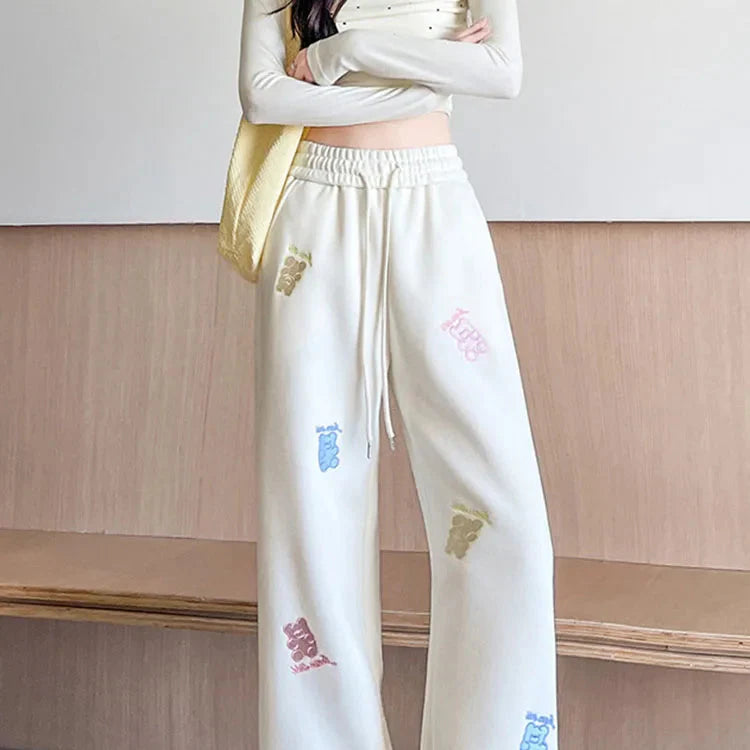Kawaii Bear Embroidered Drawstring Pants