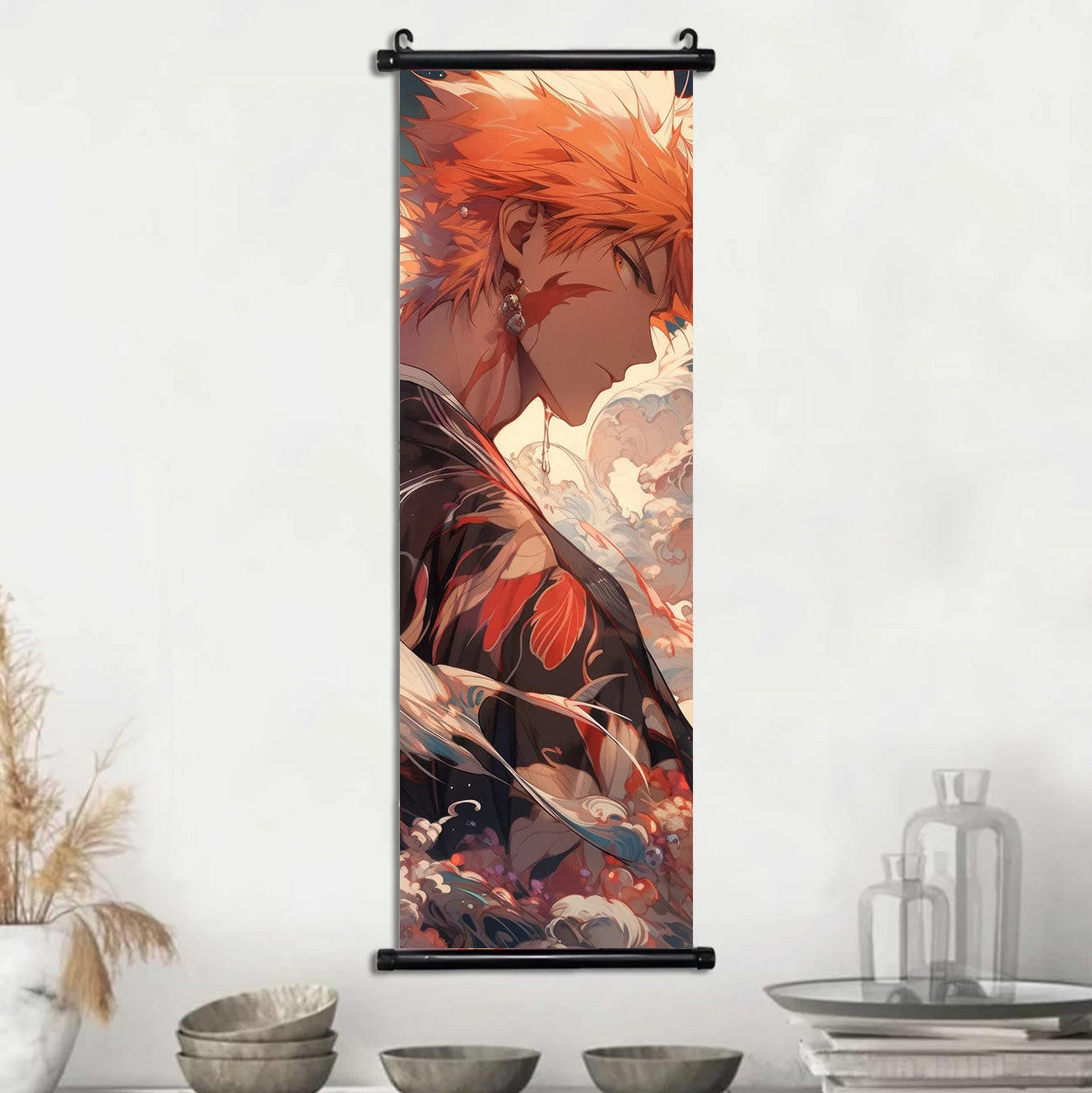 Bleach Anime Scroll Wall Art Poster, Decorative Print Ichigo Kurosaki, Hitsugaya Toshiro, and Grimmjow Jaegerjaquez Canvas Home Decor