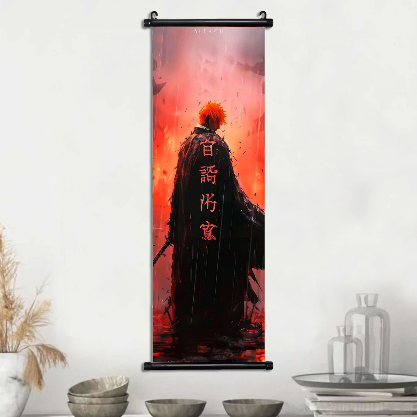 Bleach Scroll Wall Art, Hanging Prints Wall Artwork Kurosaki Ichigo Scrolls Canvas Japanese Anime Posters Home Decor for Living Room