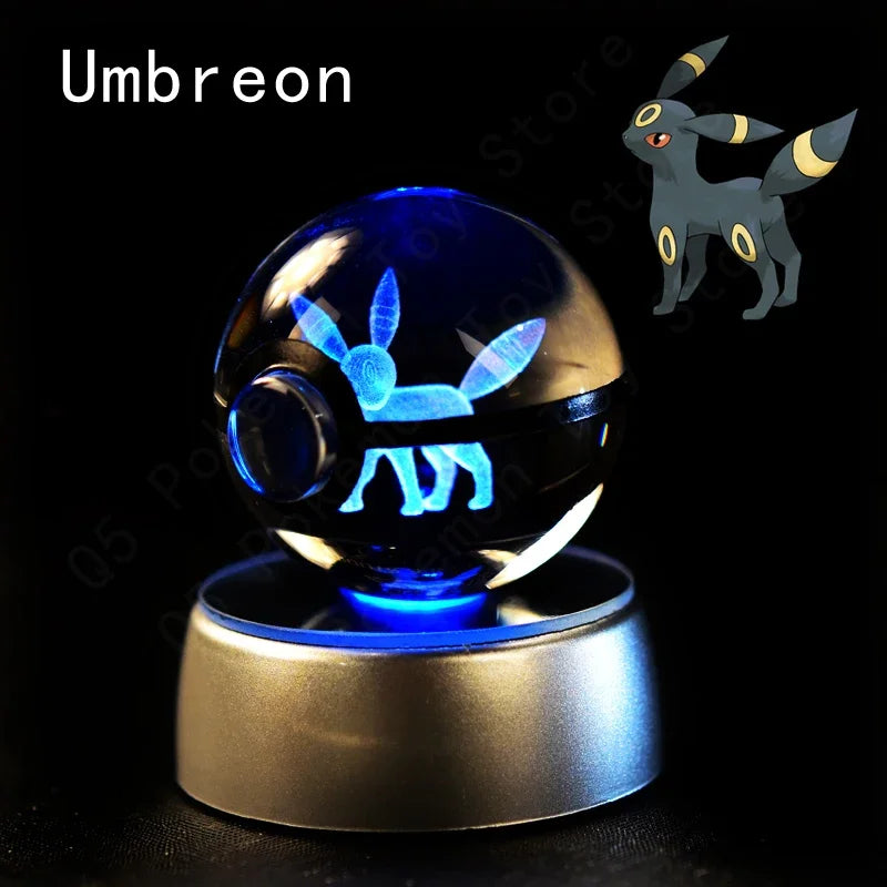 Pokemon 3D Crystal Ball Pokeballs with LED Light Base, Kids Anime Toy Gifts