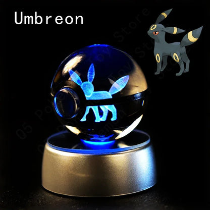 Pokemon 3D Crystal Ball Pokeballs with LED Light Base, Kids Anime Toy Gifts