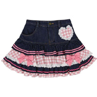 Gingham & Denim Ruffled Skirt CLOUDANIMESTUDIO