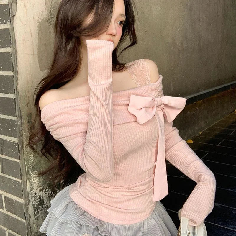 Sweet Bow Off-Shoulder Long Sleeve Shirt