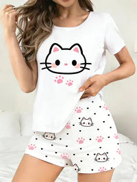 Cute Cat & Paw Prints Pajama Set