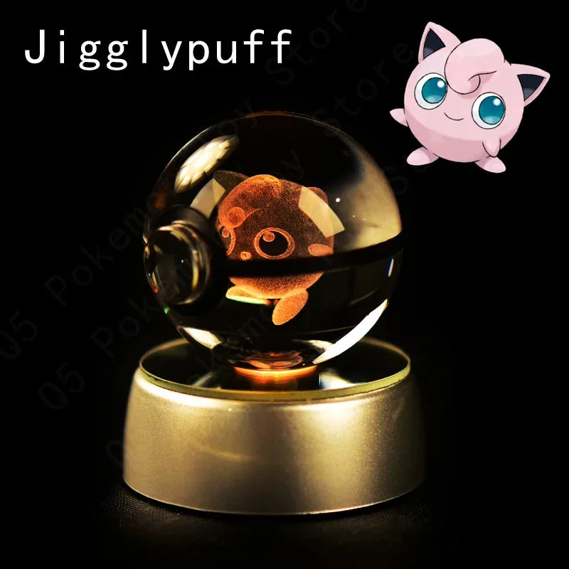 Pokemon 3D Crystal Ball Pokeballs with LED Light Base, Kids Anime Toy Gifts