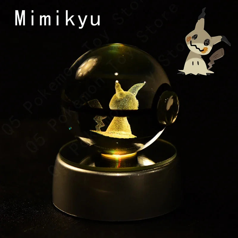 Pokemon 3D Crystal Ball Pokeballs with LED Light Base, Kids Anime Toy Gifts
