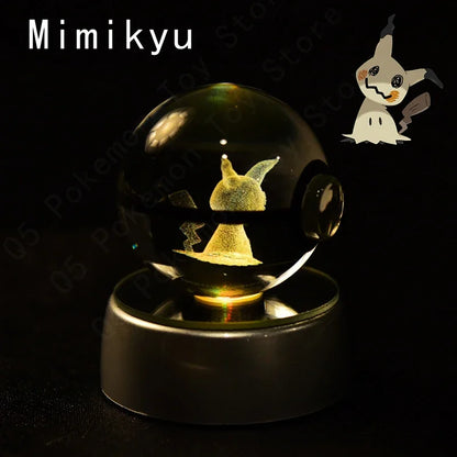 Pokemon 3D Crystal Ball Pokeballs with LED Light Base, Kids Anime Toy Gifts