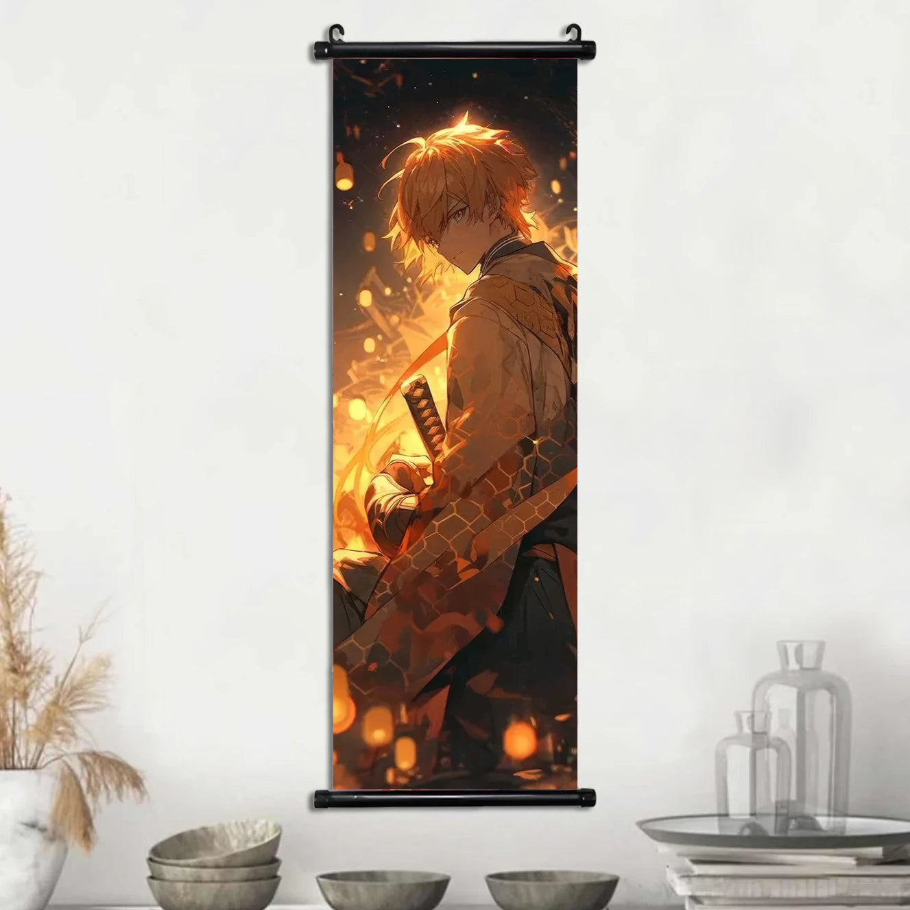 Demon Slayer Scroll Wall Art, Hashira Nezuko Agatsuma Zenitsu Inosuke Scroll Canvas Wall Hanging Painting Home Decor Anime Poster for Bedrooms