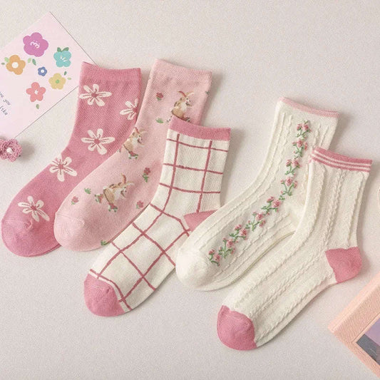 Pretty Pink & White Floral Socks CLOUDANIMESTUDIO