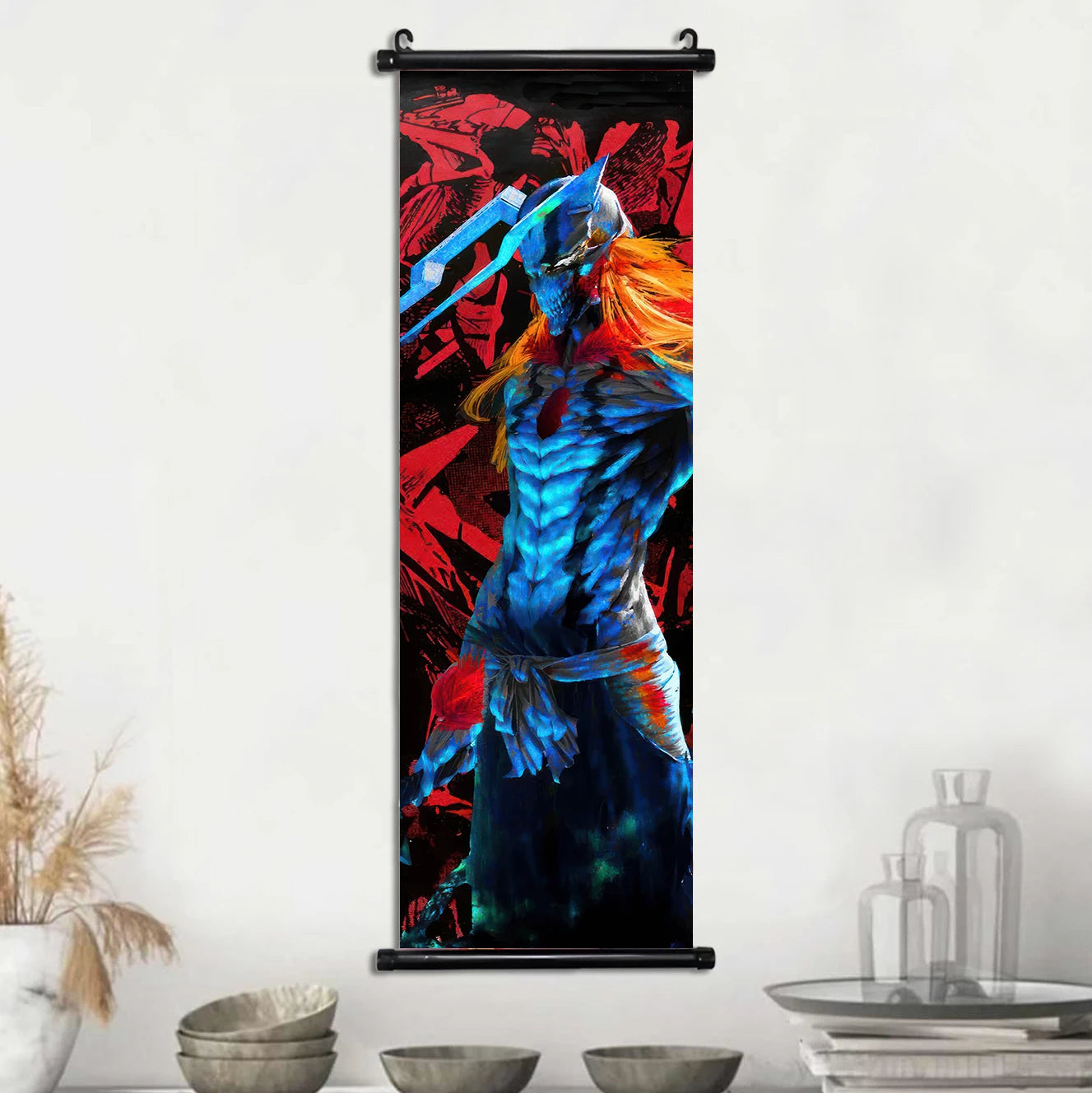 Bleach Scroll Wall Art, Hanging Prints Wall Artwork Kurosaki Ichigo Scrolls Canvas Japanese Anime Posters Home Decor for Living Room