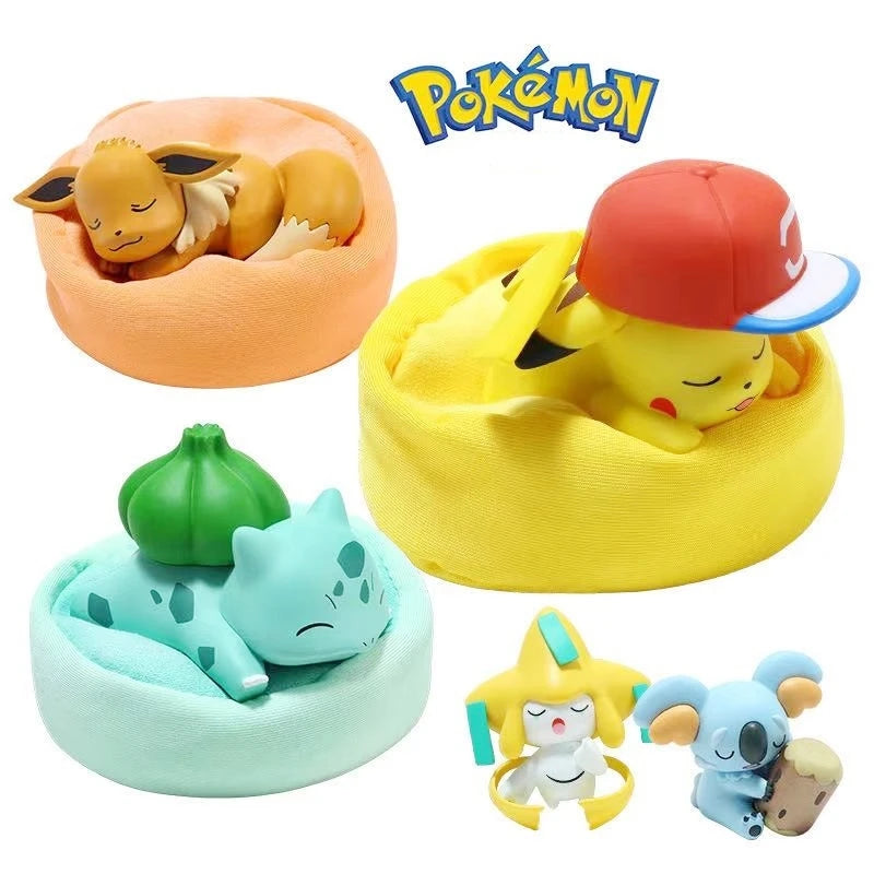 Mini Pokemon Anime Figurines, Sleeping Bean Bag Pikachu Bulbasaur Snorlax Evee Jirachi Komala 6pc Figure Set