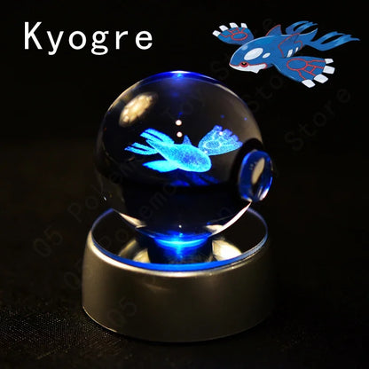 Pokemon 3D Crystal Ball Pokeballs with LED Light Base, Kids Anime Toy Gifts
