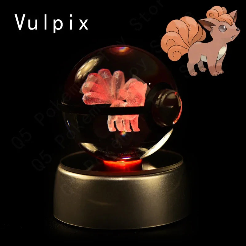 Pokemon 3D Crystal Ball Pokeballs with LED Light Base, Kids Anime Toy Gifts