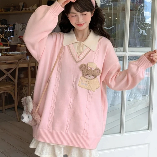Cute Cookie Bear V-Neck Sweater