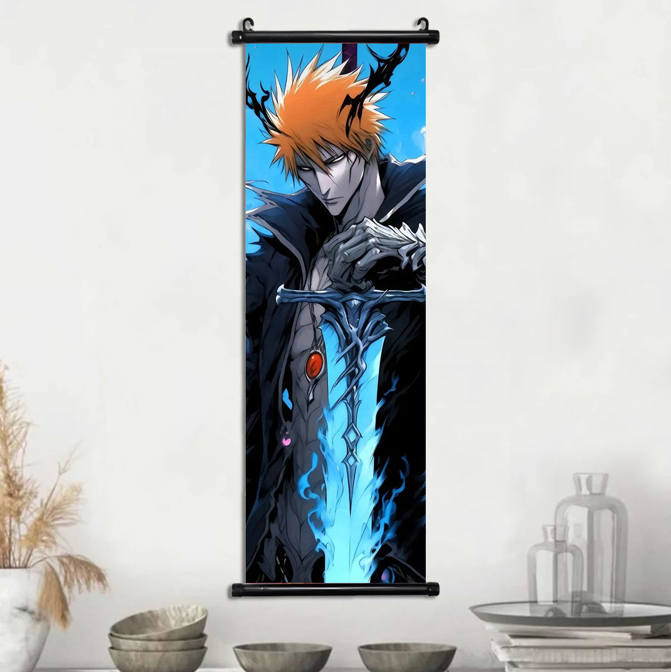 Bleach Anime Scroll Wall Art Poster, Decorative Print Ichigo Kurosaki, Hitsugaya Toshiro, and Grimmjow Jaegerjaquez Canvas Home Decor