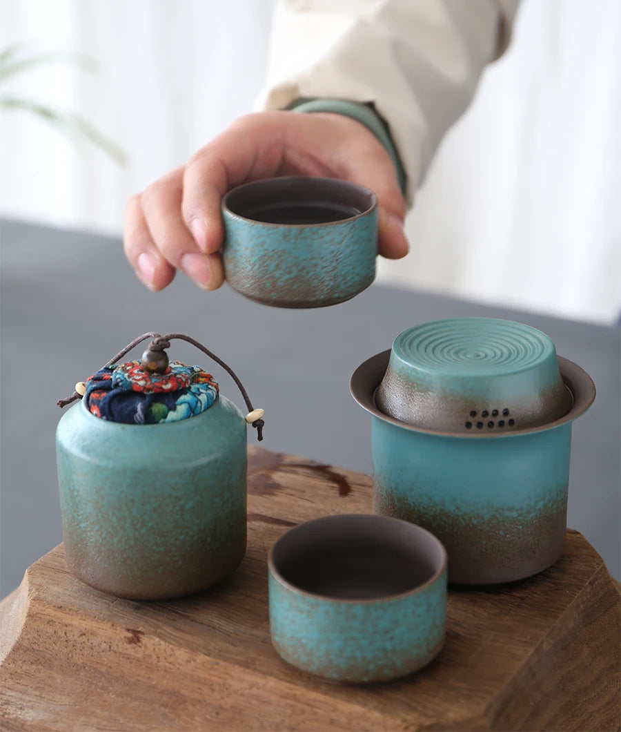 Vintage Spring Green Pottery One Kettle One Cup with Lid 4 Mini Cups Tea Caddy, Simple Small Tea Set Handwork and Craftsmanship