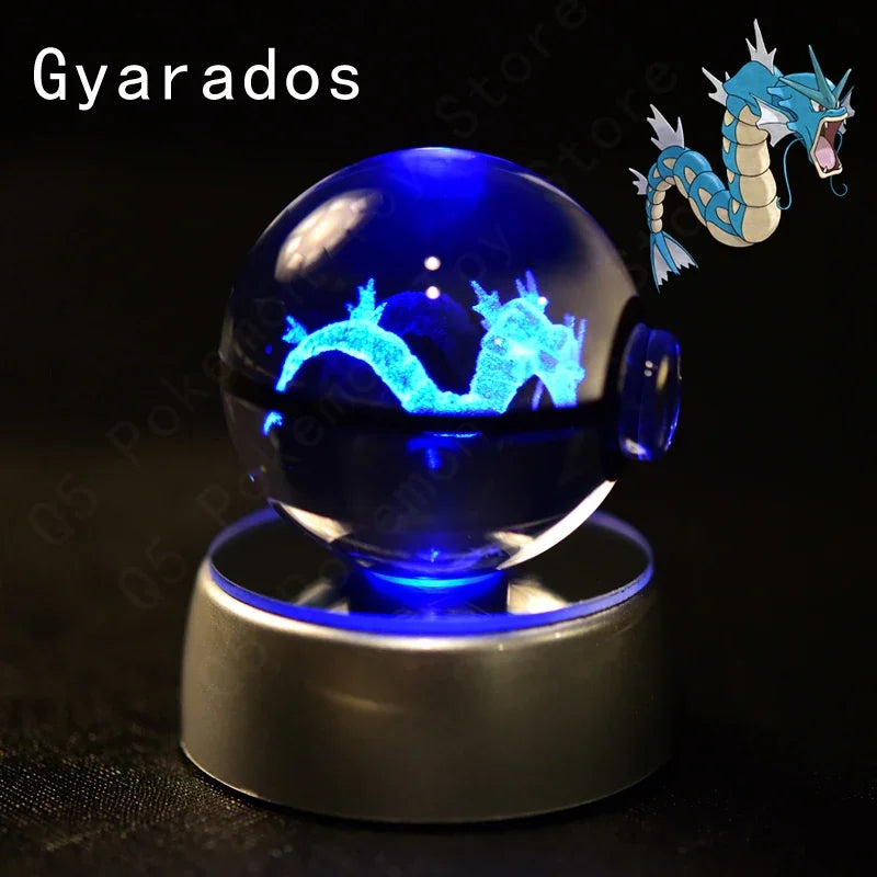 Pokemon 3D Crystal Ball Pokeballs with LED Light Base, Kids Anime Toy Gifts