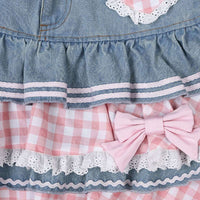 Gingham & Denim Ruffled Skirt CLOUDANIMESTUDIO