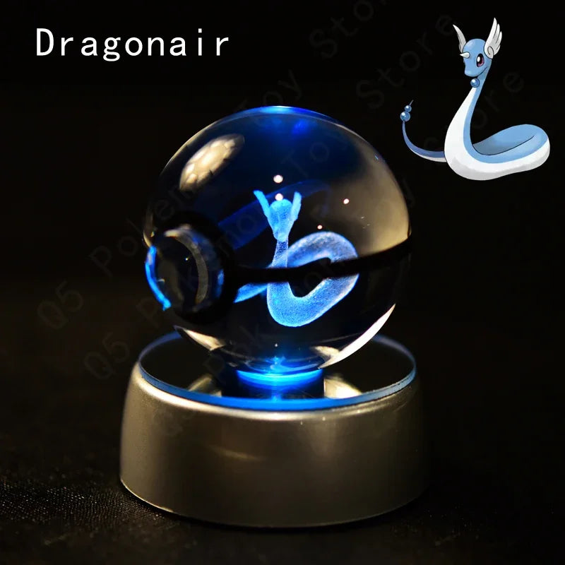 Pokemon 3D Crystal Ball Pokeballs with LED Light Base, Kids Anime Toy Gifts