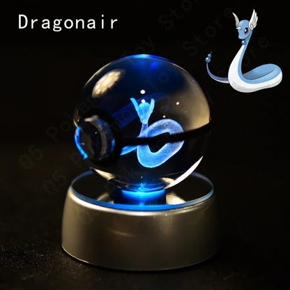 Pokemon 3D Crystal Ball Pokeballs with LED Light Base, Kids Anime Toy Gifts
