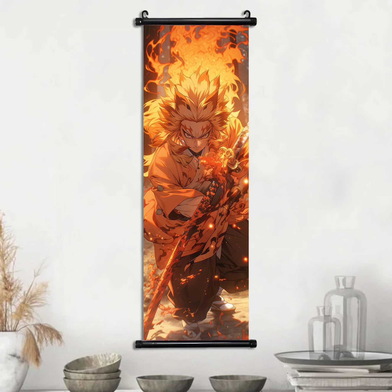 Demon Slayer Scroll Wall Art, Hashira Nezuko Agatsuma Zenitsu Inosuke Scroll Canvas Wall Hanging Painting Home Decor Anime Poster for Bedrooms