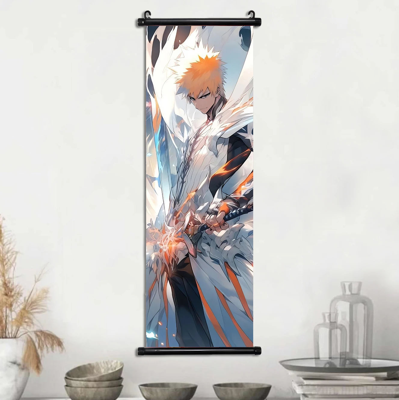 Bleach Anime Scroll Wall Art Poster, Decorative Print Ichigo Kurosaki, Hitsugaya Toshiro, and Grimmjow Jaegerjaquez Canvas Home Decor