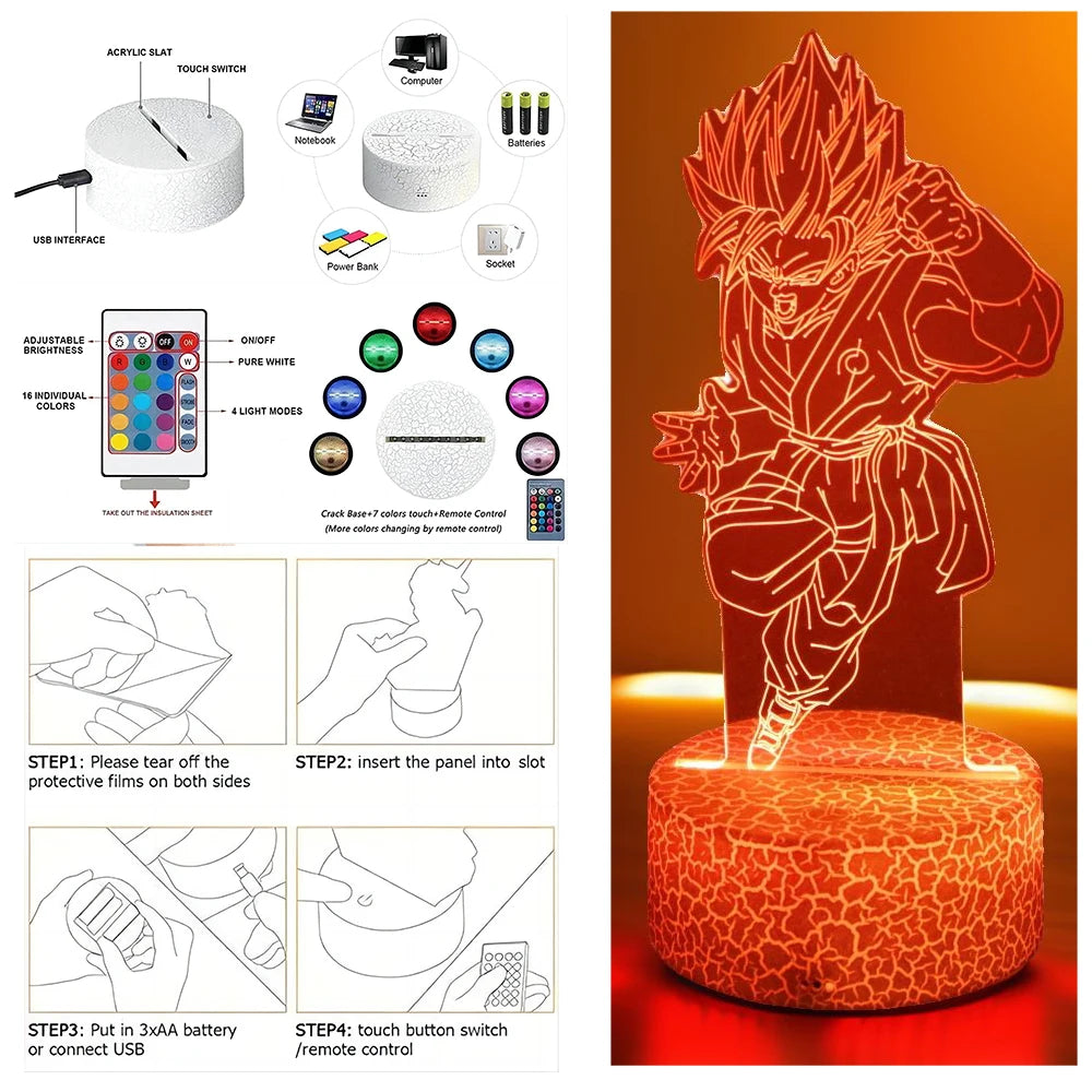 Dragon Ball Z Anime Acrylic LED Figure Lamp, Goku Vegeta Gohan Figurines Night Light