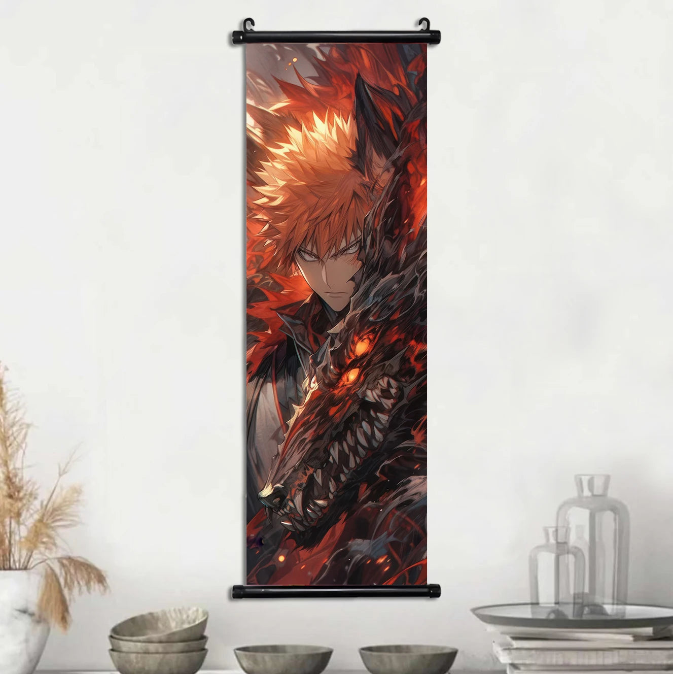 Bleach Anime Scroll Wall Art Poster, Decorative Print Ichigo Kurosaki, Hitsugaya Toshiro, and Grimmjow Jaegerjaquez Canvas Home Decor