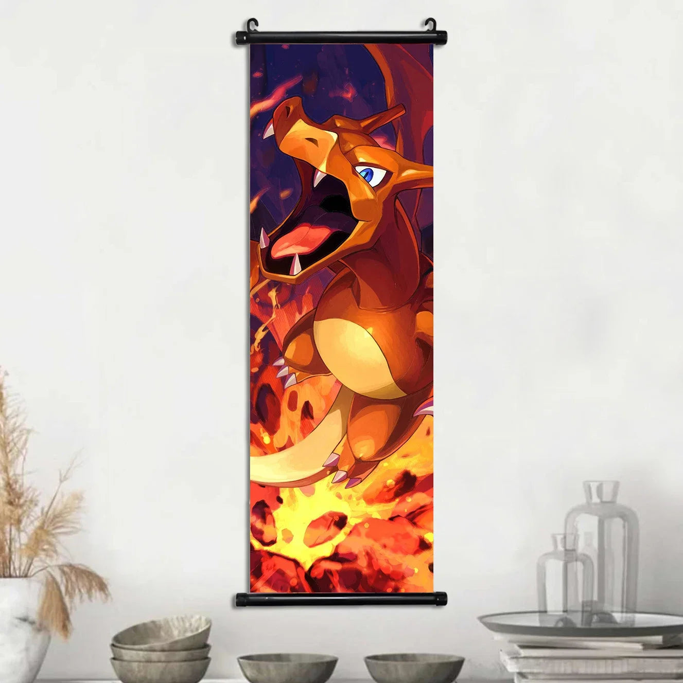 Pokemon Scroll Wall Art, Anime Posters Pikachu Eevee Modern Room Decoration Charizard Canvas Hanging Scrolls Wall Prints