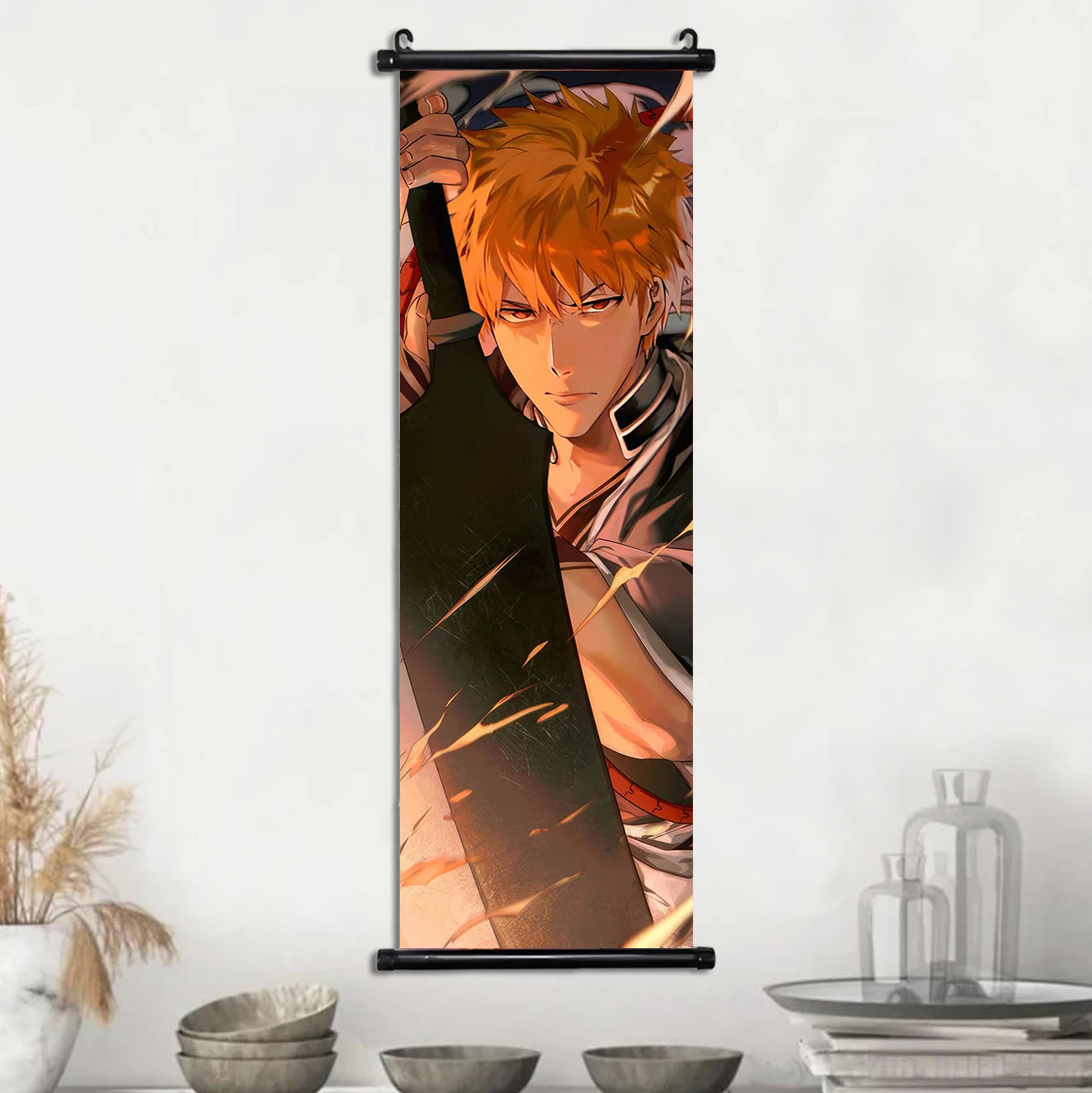 Bleach Anime Scroll Wall Art Poster, Decorative Print Ichigo Kurosaki, Hitsugaya Toshiro, and Grimmjow Jaegerjaquez Canvas Home Decor