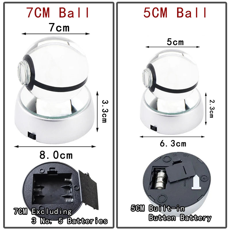 Pokemon 3D Crystal Ball Pokeballs with LED Light Base, Kids Anime Toy Gifts