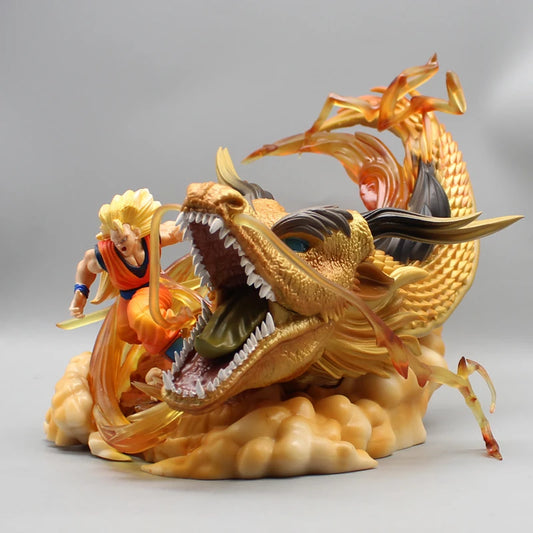 Super Saiyan 3 Goku and Golden Shenron Action Figure, Dragon Ball Z Anime Figurines Pvc 21.5 CM